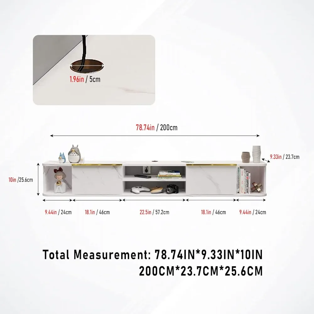 حامل تلفزيون عائم من Pneumonia مع درجين، ورف تلفزيون مثبت على الحائط مقاس 78 بوصة، ووحدة تحكم الوسائط لغرف النوم وغرف المعيشة باللون الأبيض