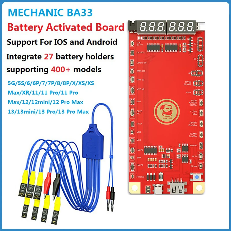 MECHANIC BA33 Battery Activation Charging Board For IPhone 5-8 13 IOS Android Charging Tester With Power Cord 27 Battery Holders