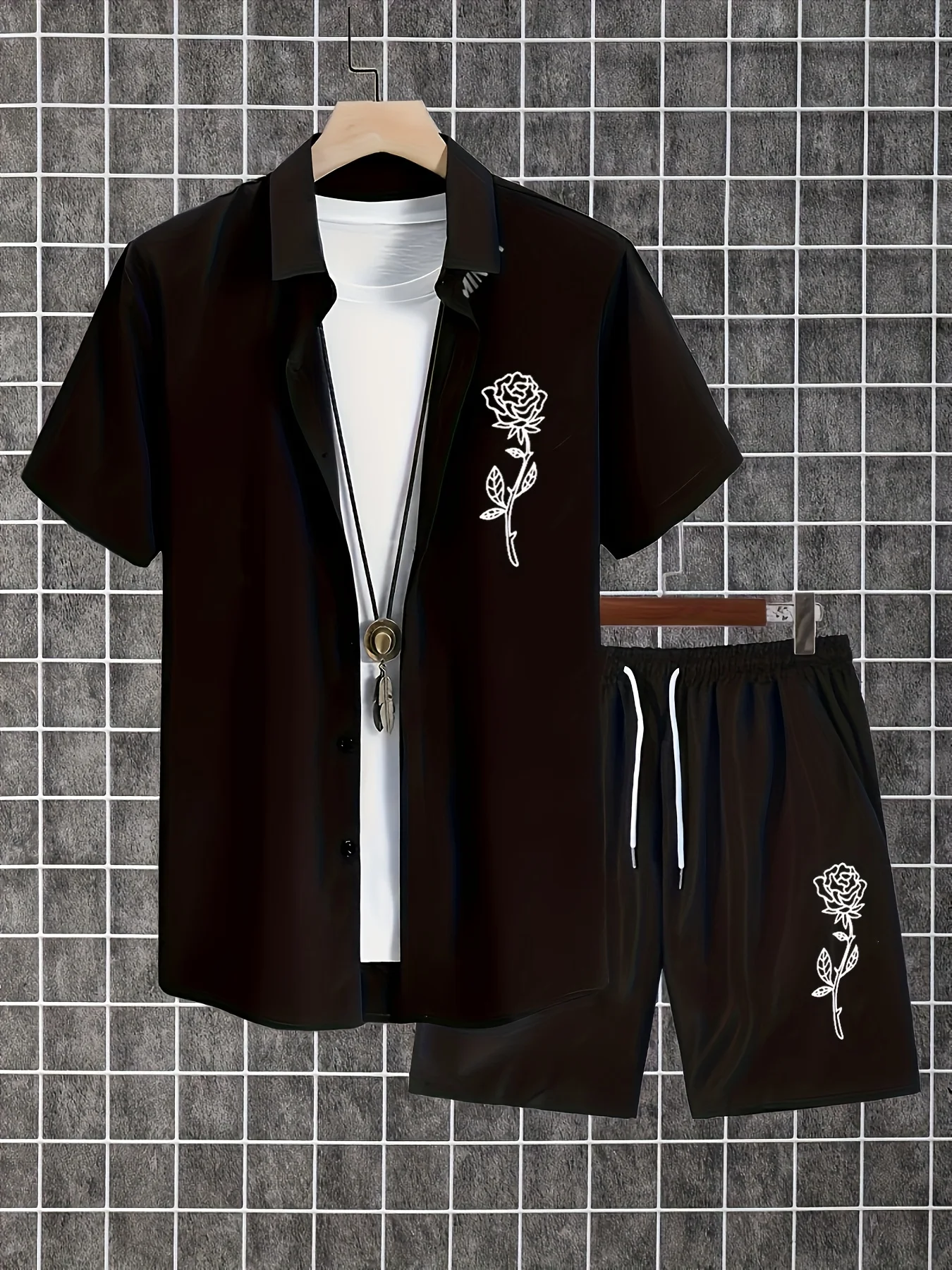 

Новинка 2024, мужской комплект рубашек, минималистичная гавайская рубашка с розовым принтом, свободные дышащие шорты, мужской летний комплект из двух предметов премиум-класса