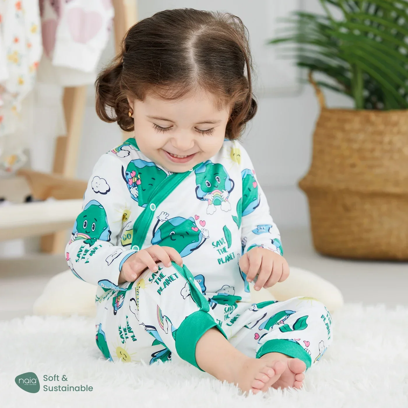 PatPat Baby Boy/Girl Naia Environmental Themes Earth Print Long Sleeve Jumpsuit Soft and Comfortable  Perfect for Outings