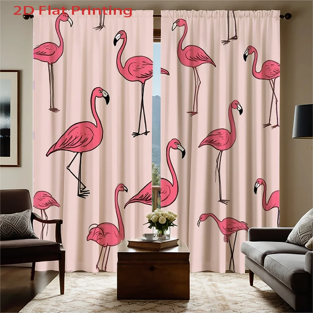 2pcs Pink Flamingo Print Curtains - 2D Flat Printing, Semi-Transparent Flannel Fabric, Rod Pocket Design for Living Room & Bedro