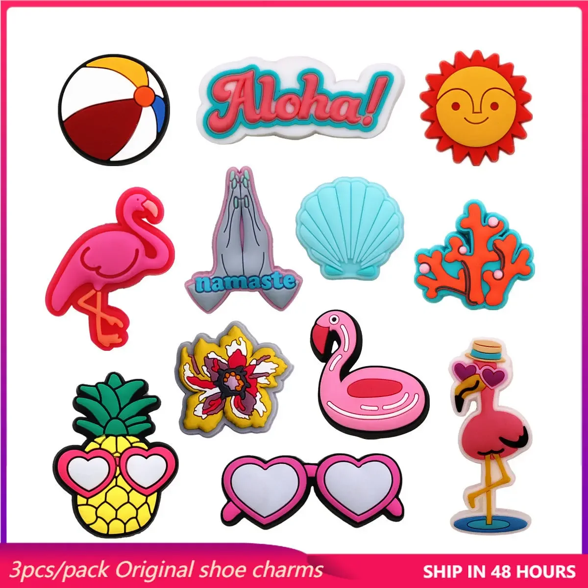 

3Pack Original Hawaii Style PVC Shoe Charms Aloha Sandal Buckle Upper Pin Decorations Cute Shell Coral Flamingo Shapes Clog Clip