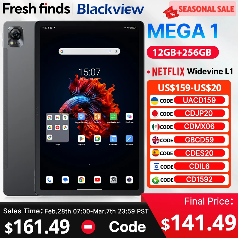 

【World Premiere】Blackview MEGA 1 Tablet 11.5 inch 2.4K 120Hz Display 8GB 256GB 50MP+13MP Camera 8800mAh 33W Fast Charging Pad P