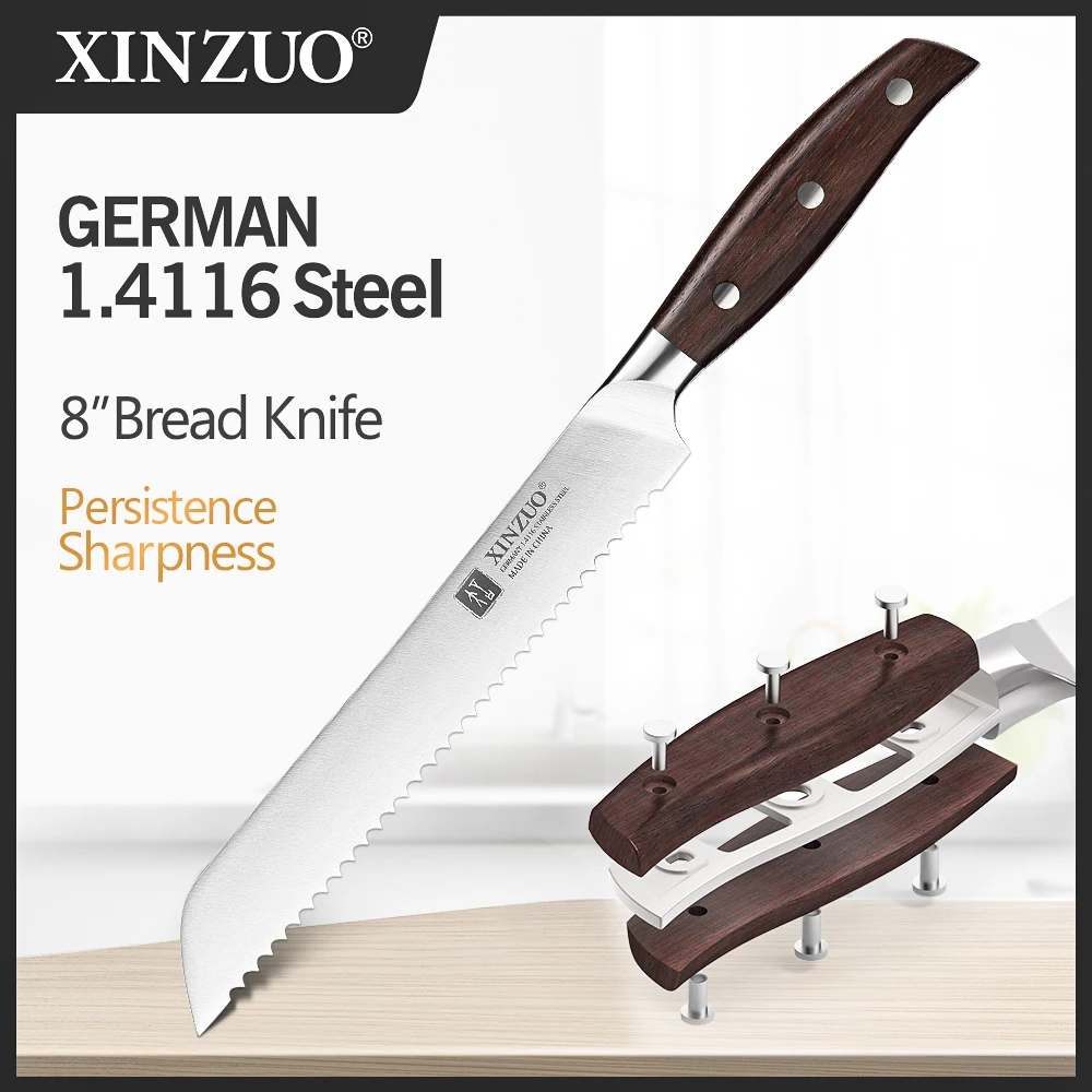 XINZUO Germany 1.4116 Steel 8\'\' Inch Serrated Bread Kitchen Knives Steel Serrated Design Cutter For Cutting Bread Cheese Cake