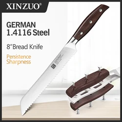 XINZUO Germany 1.4116 Steel 8'' Inch Serrated Bread Kitchen Knives Steel Serrated Design Cutter For Cutting Bread Cheese Cake