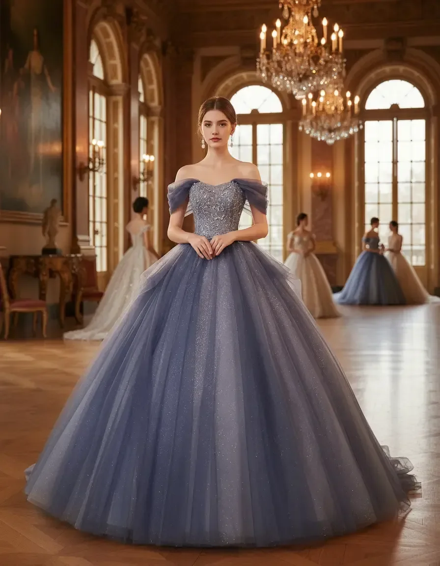 

Off Shoulder Glitter Tulle Ball Gown, Back Lace Up Quinceanera Wedding Evening Prom Formal Dress, Free Petticoat Included