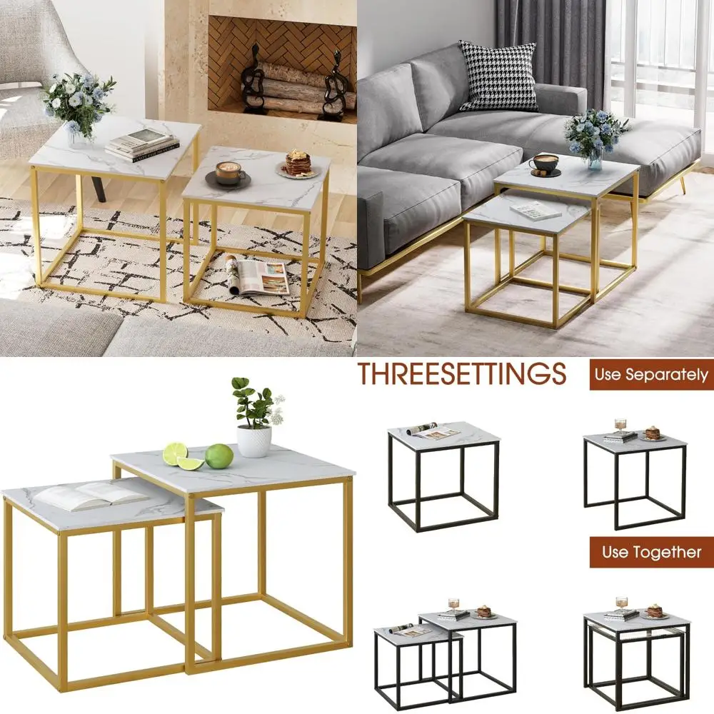 

Modern Gold Wooden Side Tables Set, Metal Frame Square End Tables, Center Tables, Nesting Coffee Tables for Living Room