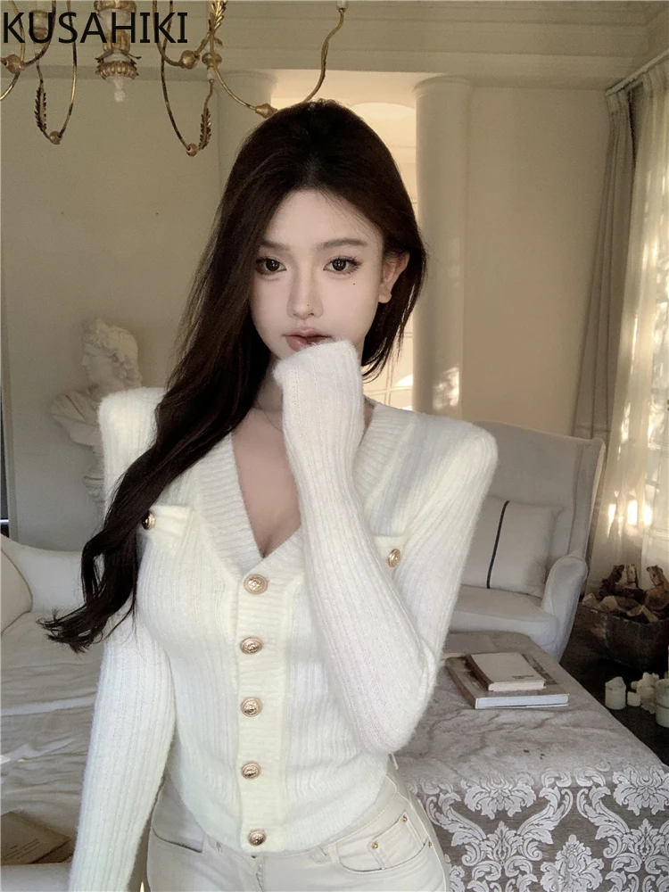 KUSAHIKI Elegant Long Sleeve V-neck Slim Knitted Cardigan 2024 Spring New Sweater Coat Korean Spicy Girl Y2k Knitwear Tops