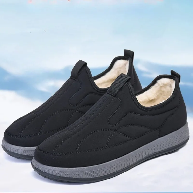 Winter Men Snow Boot Thick Sole Non Slip Casual Shoes Round Toe Slip on Plush Thickened Warm Middle Aged Cotton Shoes for Man