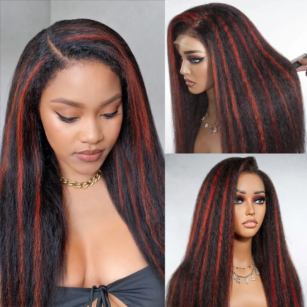 

Kinky Straight Highlight 1B/99J 13x4 Lace Front Wigs Human Hair Wig Color Red With Black 5x5 Lace Closure Glueless Wig For Women