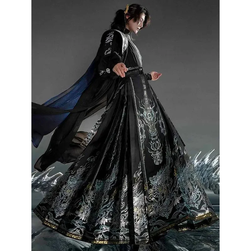 

Large Size 2XL Chinese Horse Face Skirt Set Men New Fashion Golden Black-blue Pleated Skirt Black Shirts For Women Plus Size