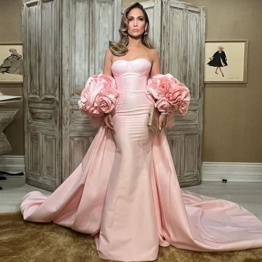 Sweetheart Light Pink Mermaid Dress Floor Length Evening Dresses Rose Flowers Long Prom Gown With Train Custom Made Gowns