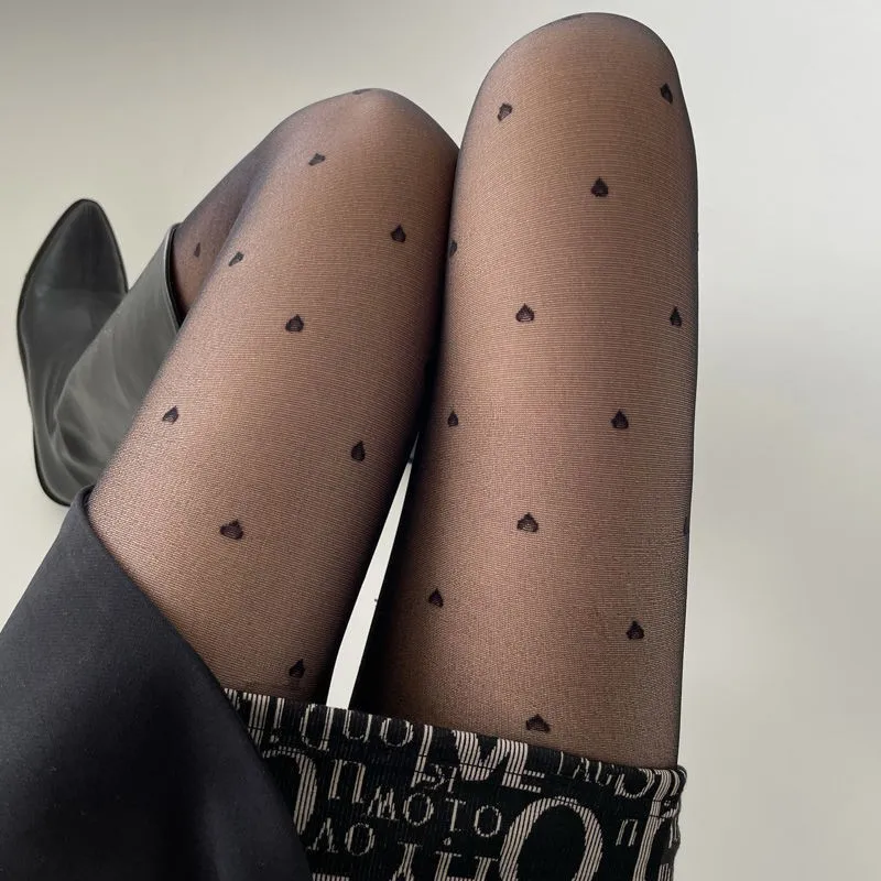 Sweet JK Lolita Thin Sheer Pantyhose Japanese Black Jacquard Tights With Heart Polka Dot Print Elastic Slim Leg Hosiery Ladies