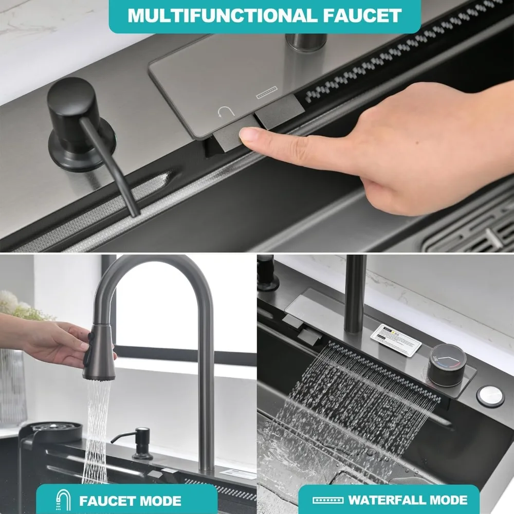 حوض المطبخ 34 بوصة وعاء واحد من الفولاذ المقاوم للصدأ حوض مطبخ متعدد الوظائف مع صنبور 2 في 1 وملحقاتها