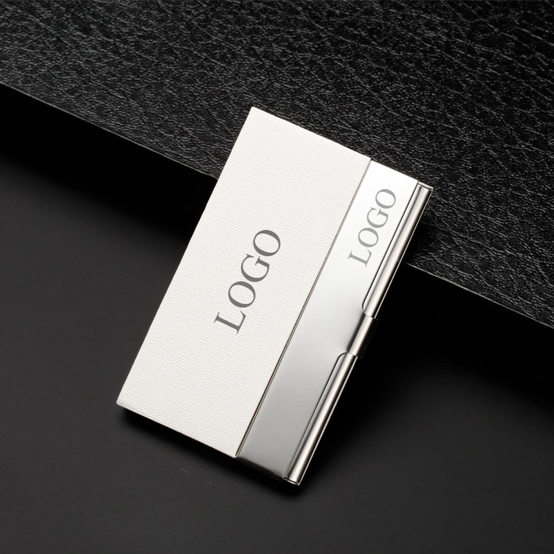 Custom Logo PU Leather Stainless Steel Business Card Case Box Holder Laser Engraving Clip Personalized Cardcase Activities Gifts