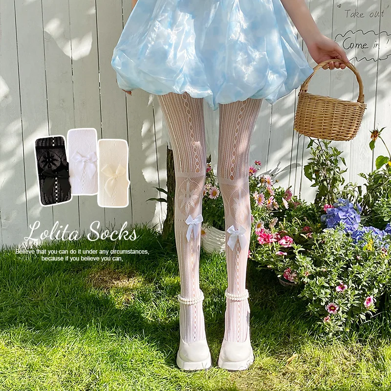 Lolita Bow and Cutout Tights Black Beige White Medias Socks Hot Beautiful Legs Pantyhose Y2K Thin Stockings.