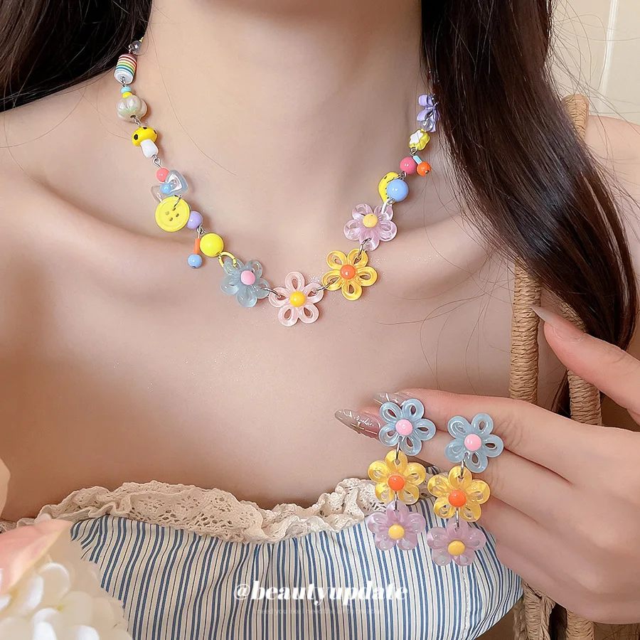 Summer Colorful Candy Beaded Neckwear Translucent Flower Pastel Multicolored Layering Choker Pendant Matching Ear Drops