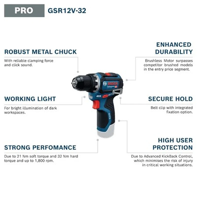 Bosch GSR 12V-32 Brushless Cordless Drill Driver 12V Electric Screwdriver Compact Power Tool For Wood Metal Household Repair