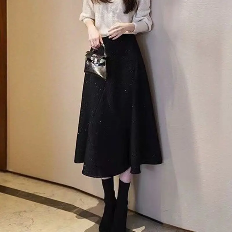 Simplicity rok midi wanita, rok A-line panjang menengah longgar pinggang tinggi mode Korea perca Solid musim gugur/musim dingin