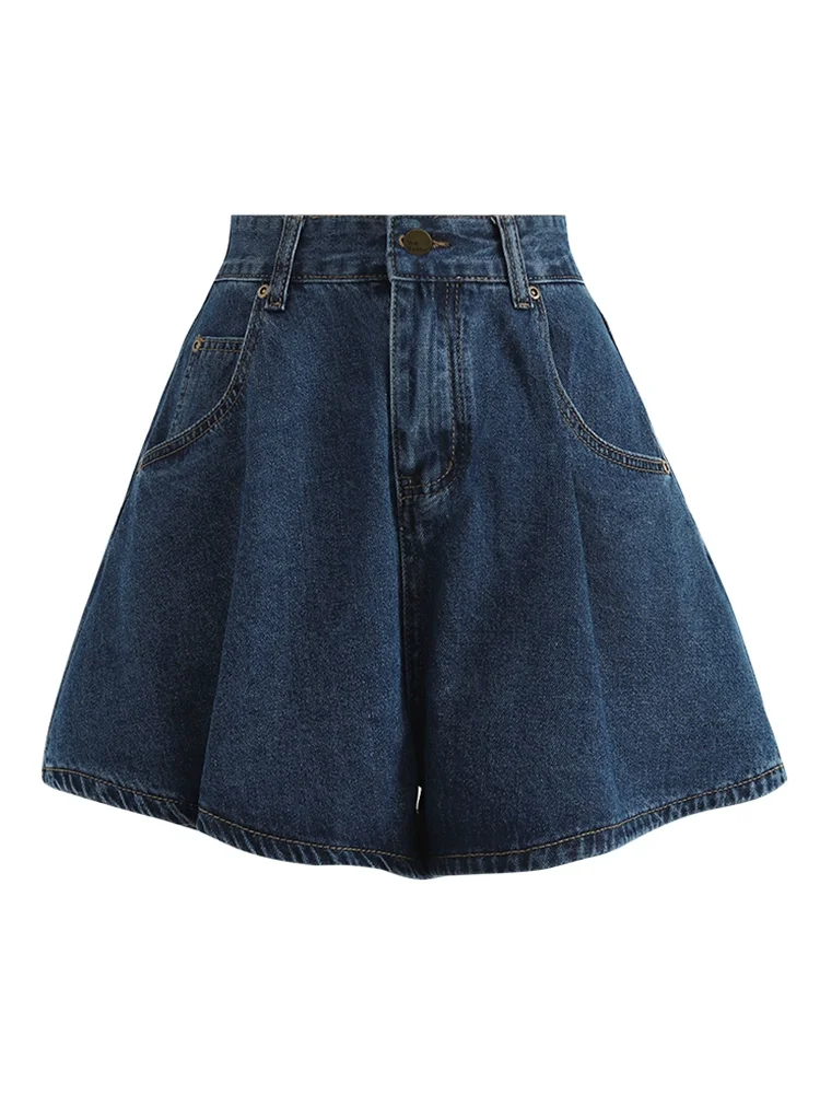 

High Waist Thin Denim Shorts Women's Loose A-Line Wide Leg Pants Summer Blue Color Flattering Hip Covering Skirt Pants