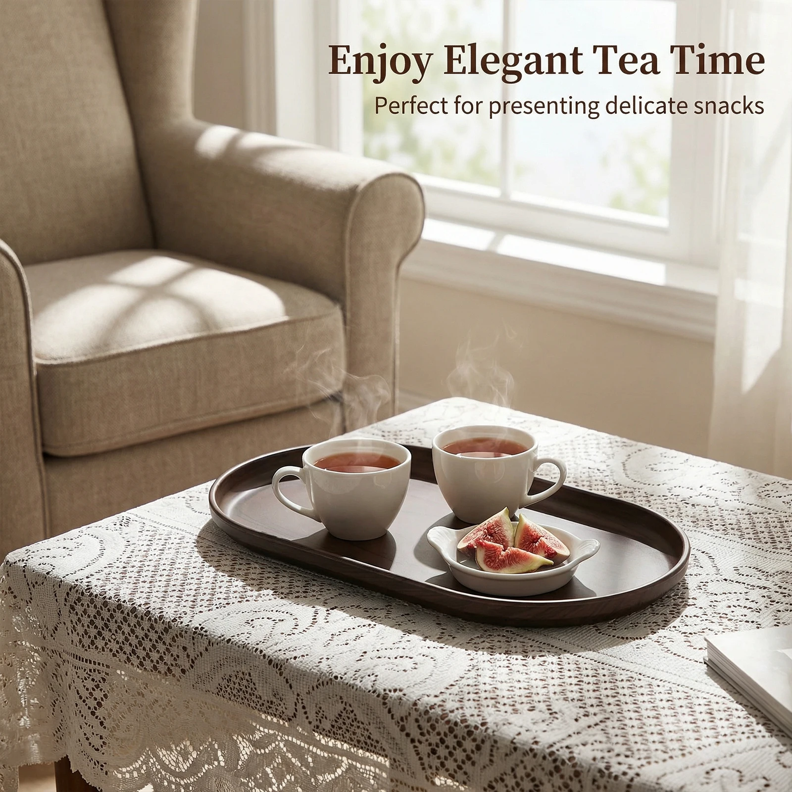 Oval Plastic Tray Set, Imitation Wood Grain, Modern Style, Reusable Tray for Dim Sum & Tea Cups