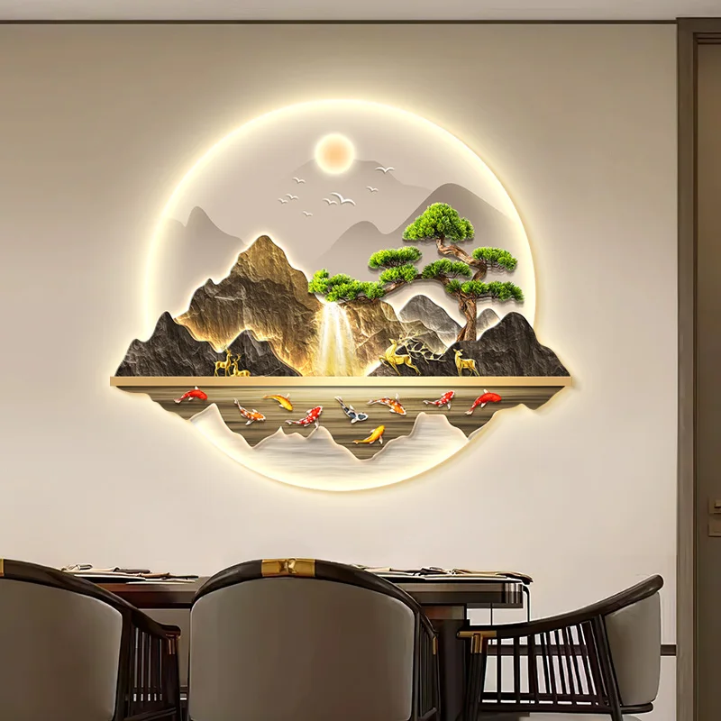 New Chinese Style Entrance Hall LED Light Painting - Wealth-Attracting Water Landscape & Corridor Welcome Pine LED Mural