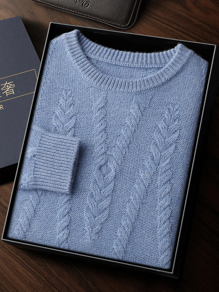 Thick Men's O-neck Sweater Autumn Winter 100% Cashmere Knitwear Twist Flower Jacquard Pullovers High-end Clothing Business Tops