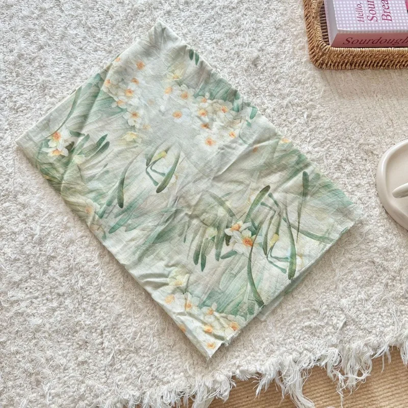 

0.5/1/2 Yard New Chinese Style Elegant Green narcissus Printed Cotton Fabric Perfect for DIY Clothing,Qipao, Dresses,Tablecloths