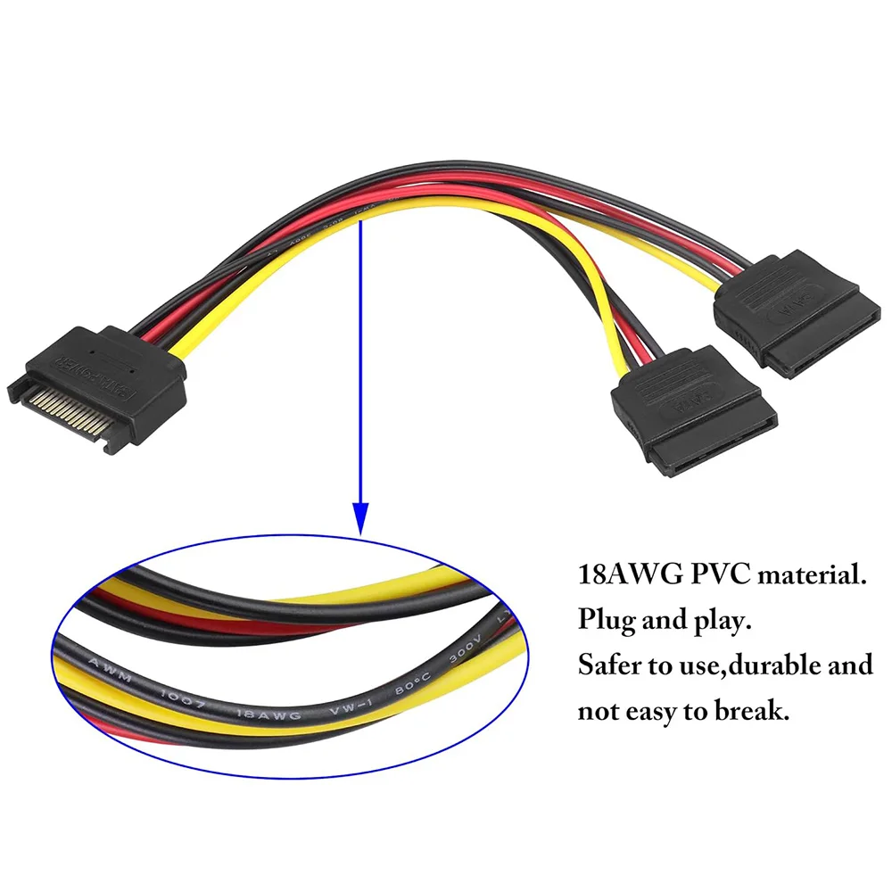 Cable de alimentación SATA de 20CM, 15 pines macho a 2x15 pines hembra, extensión de alimentación, Cable adaptador divisor SATA Y para alimentación de disco duro