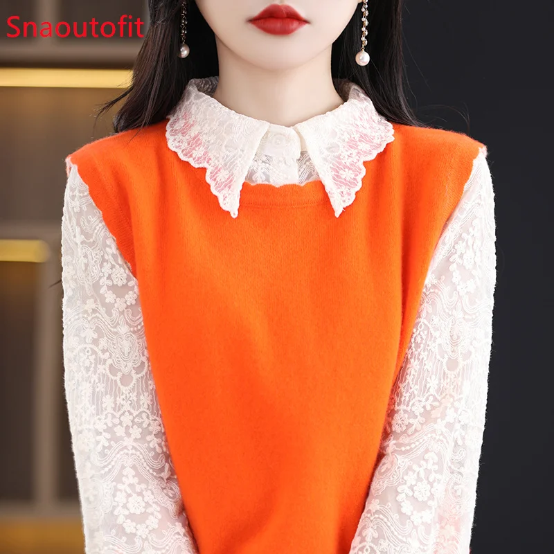 Lacework Round Neck Pure Wool Knitted Vest Women\'s Sleeveless Pullover Cashmere Sweater 2023 Spring and Autumn Loose Overlay Top