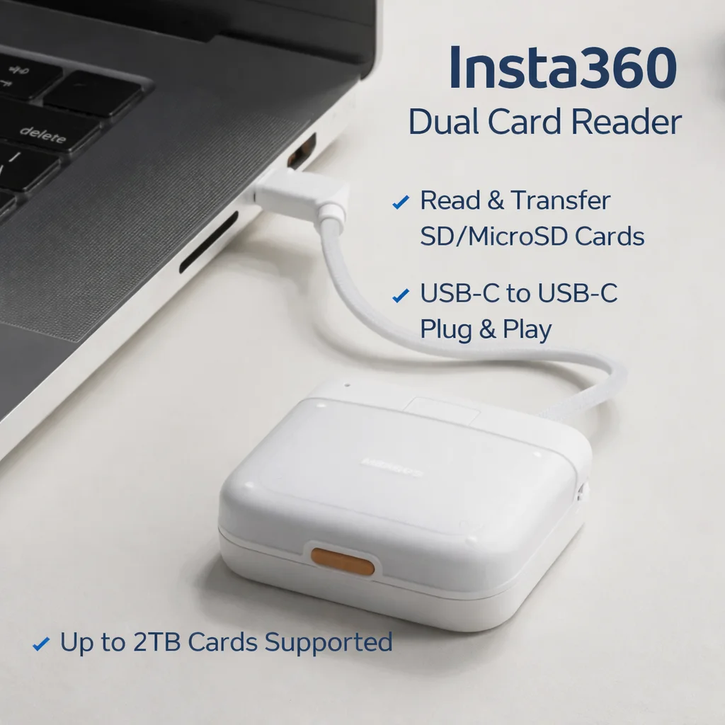 

Чехол-кардридер Insta360 2-в-1, двойной кардридер для SD и microSD, быстрая передача данных до 312 МБ/с, USB-C для iPhone, iPad и ПК