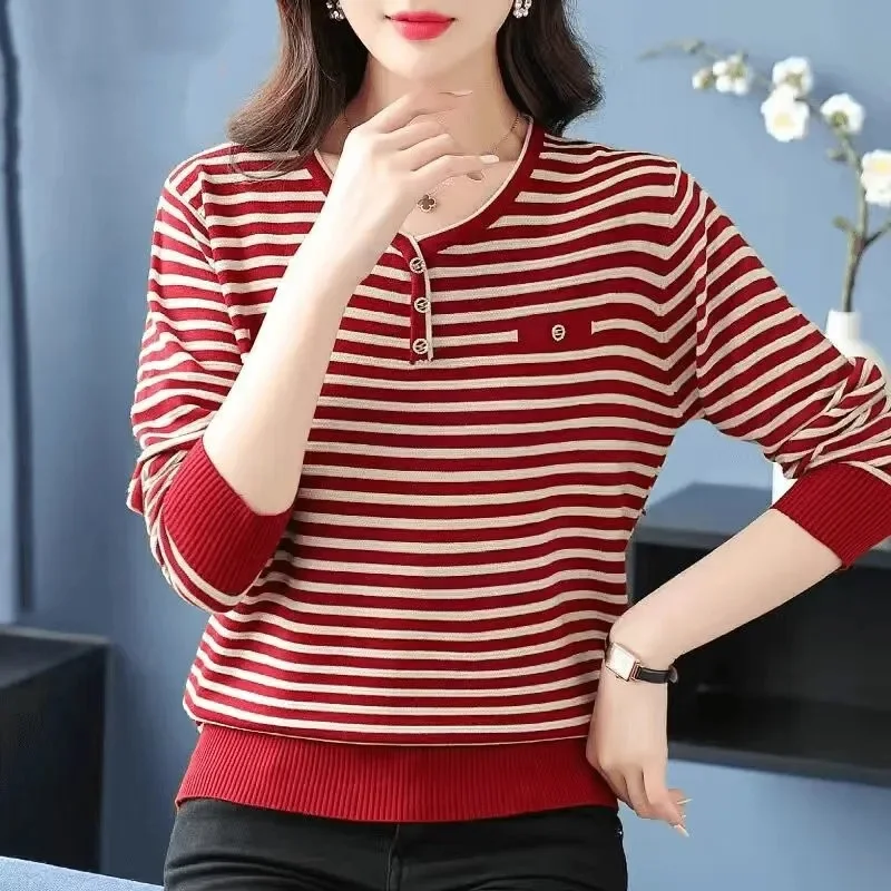 Women Thin Knitted Sweater Pullover Spring Autumn Large Size Fashion Stripes Sweater Coat Female Mother All-Match Knit Jumper