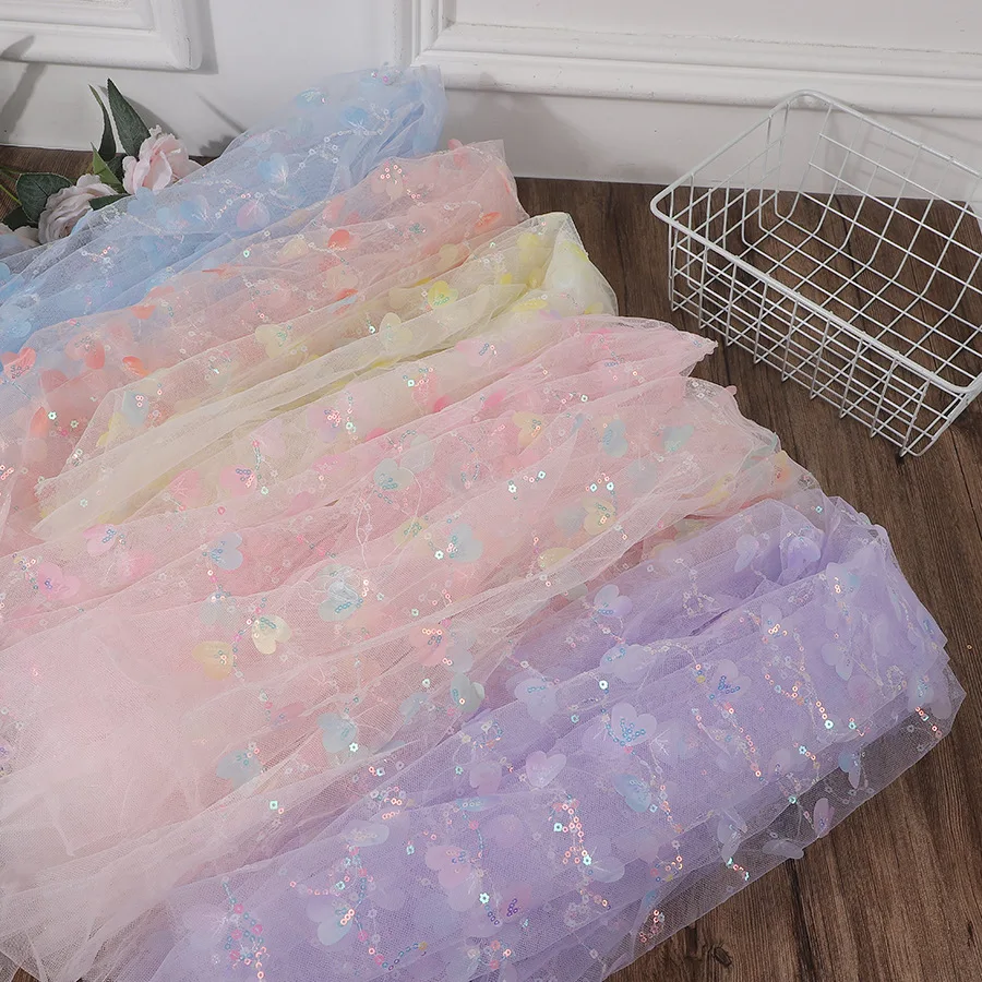 Wide Gradient Heart Stripe Sequin Embroidered Tulle Fabric For Shoes Doll Party Dress Gift Wrapping Decor Cloth