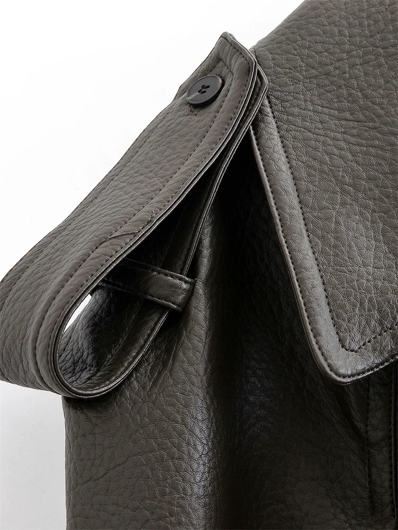 Damen-Trenchcoat 2025, Herbst/Winter, neuer Stil, dunkelbraun, langärmelig, Kunst-Litschi-Leder mit Gürtel, lange Trenchcoat-Jacke