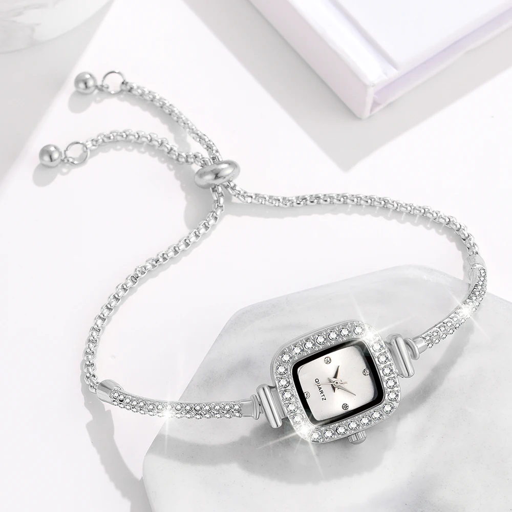 6PCS/Set Women Silver White Watch Square Diamond Face Dial Quartz Wristwatch Alloy Bracelet Watch Jewelry Set Gift For Mom