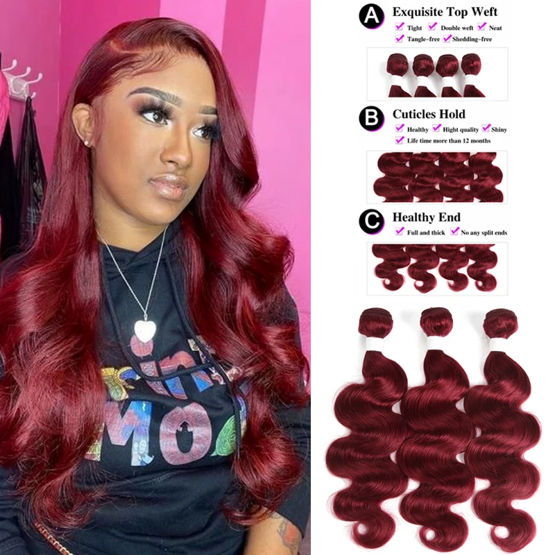 Brazilian Body Wave Human Hair Bundles 99J/Burgundy Red Colored Human Hair Weave Bundles 8-26 Inch Remy Hair Extension 3/4PCS