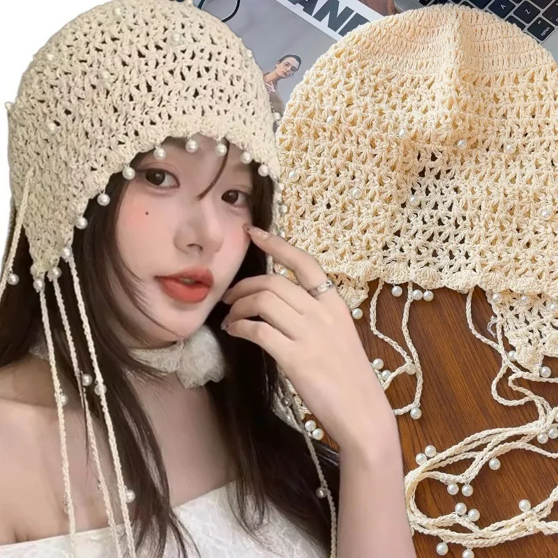 

Bohemian Floral Headband Hand Women Girls Knitted Hat Scarf Headband Korean French Pastoral Headdress Summer Knitted Headwear
