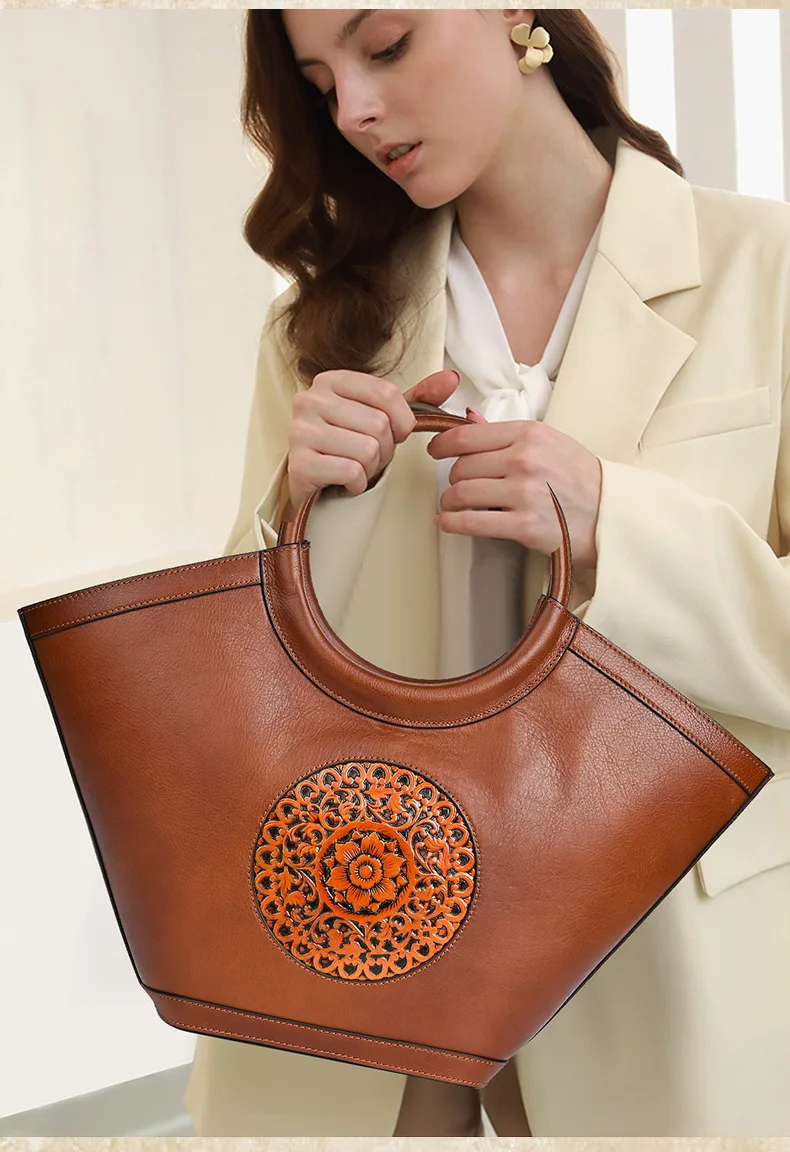 

Vintage Genuine Leather Women Basket Handbag Totes