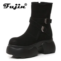 Fujin 9.5cm New Microfiber Synthetic Leather Knee High Fashion Autumn British Boots ZIP Platform Wedge Women Ankle Spring Shoes