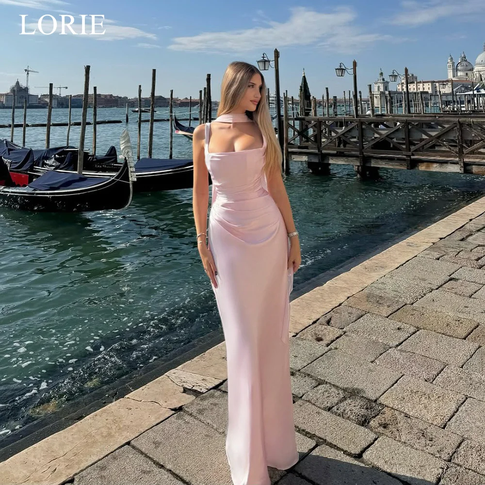 

LORIE Elegant Pink Satin Party Dresses Spaghetti Strap Ribbons Evening Prom Dress Sheath Mermaid Prom Gown Customized