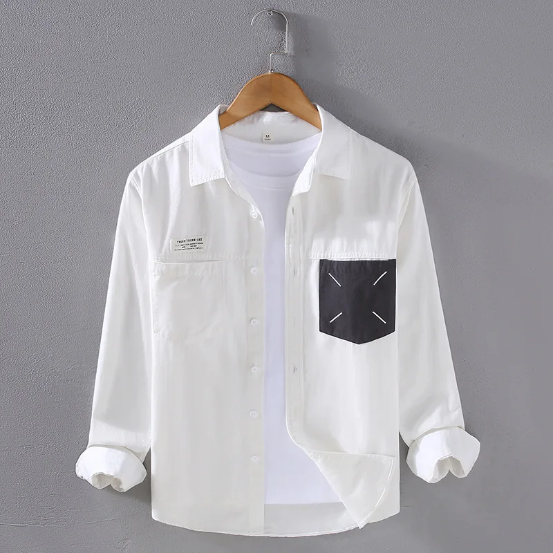 Japanese Style Mens Long Sleeve Shirt Pure Cotton Casual Shirts Patchwork Double Pockets Shirt Spring Summer Youth Fashion Tops