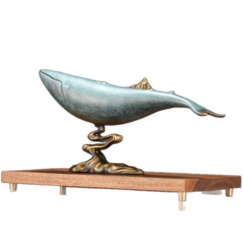 Solid Brass Whale Figurine with Mountain Landscape, Tabletop Ornament for Living Room Wine Cabinet Office Decor