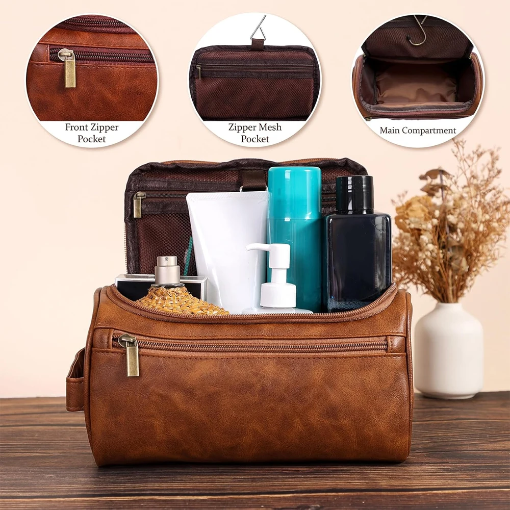 1Pcs Toiletry Bag for Men, Large Leather Shaving Kit, Travel Essentials, Water-resistant Shaving Bag for Toiletries Accessories