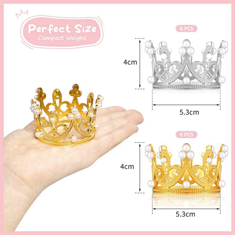 24 PCS Gold Silver Mini Crown Birthday Cake Topper With Pearl Decor Small Princess Headpiece Baby Crown Cake Decoration