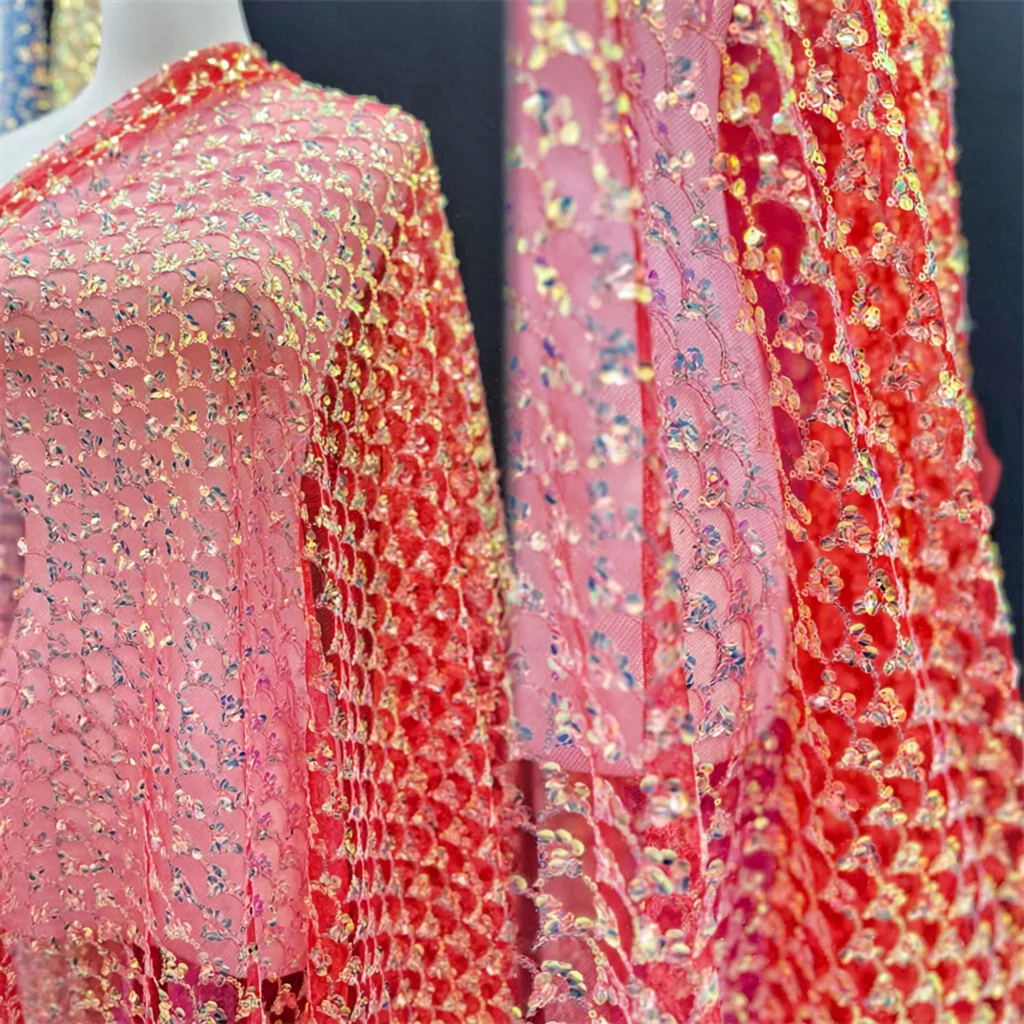 130cm Wide Colorful Fish Scale Sequin Fabric for Gowns Embroidered Sequin Cloth for Kids' Dresses Stage Costumes DIY Crafts F016