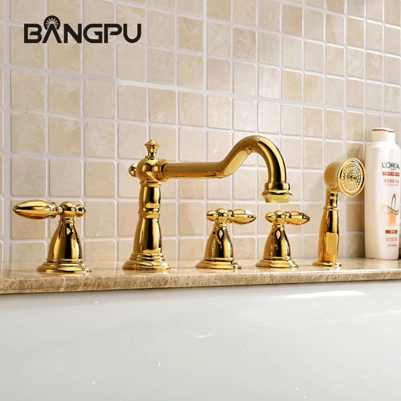 

Deck Mounted Tub Faucet Set with Hand Shower Modern Bathroom Bathtub Faucet Set 5 Hole Roman Bath Tub Faucet with Sprayer Gold