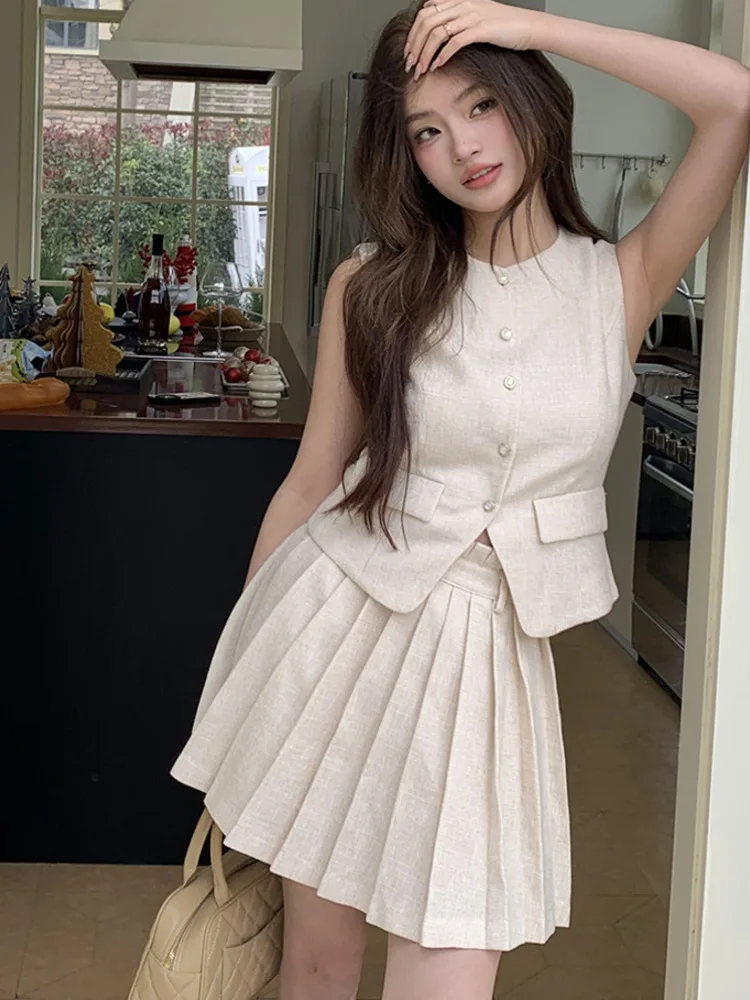 2024 Summer Skirt Set For Women\'s Light Luxury High End Vest Pleated Skirt Two Piece Sets Lady Fashion Casual Conjuntos Cortos