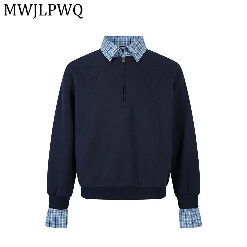 

MWJLPWQ Мужская толстовка-обманка с эффектом двухслойности, в американском уличном стиле, с многослойным пэчворком, клетчатым отложным воротником и молнией до середины груди, трендовая модель 13226