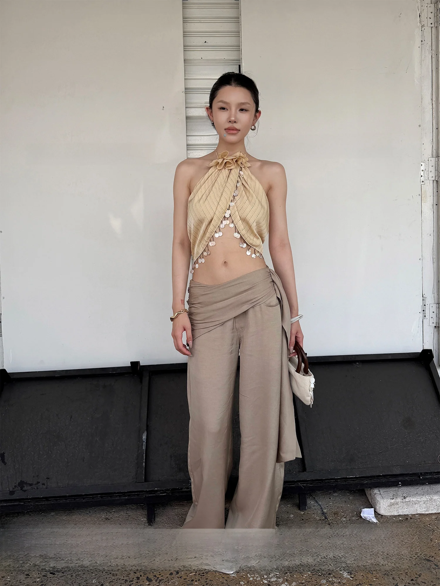 

Khaki Low Waist Wide Leg Pants Women Summer Loose Slimming Casual Long Trousers Hydrangea Xing1Ying Casual Style Ladies Pants