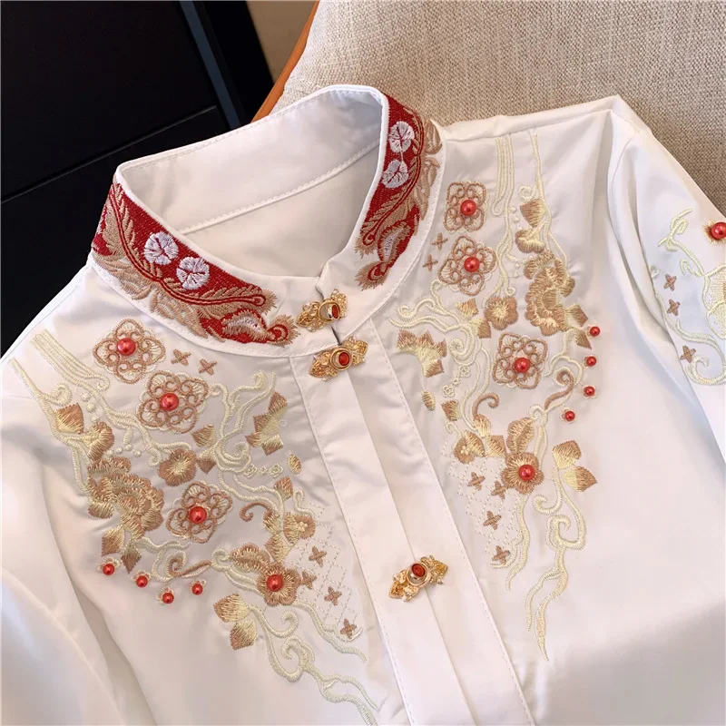 Chiffon Chinese Style Women's Shirt Summer Vintage Embroidery Blouses Loose Long Sleeves Women Tops Fashion Clothing 2024 Korean
